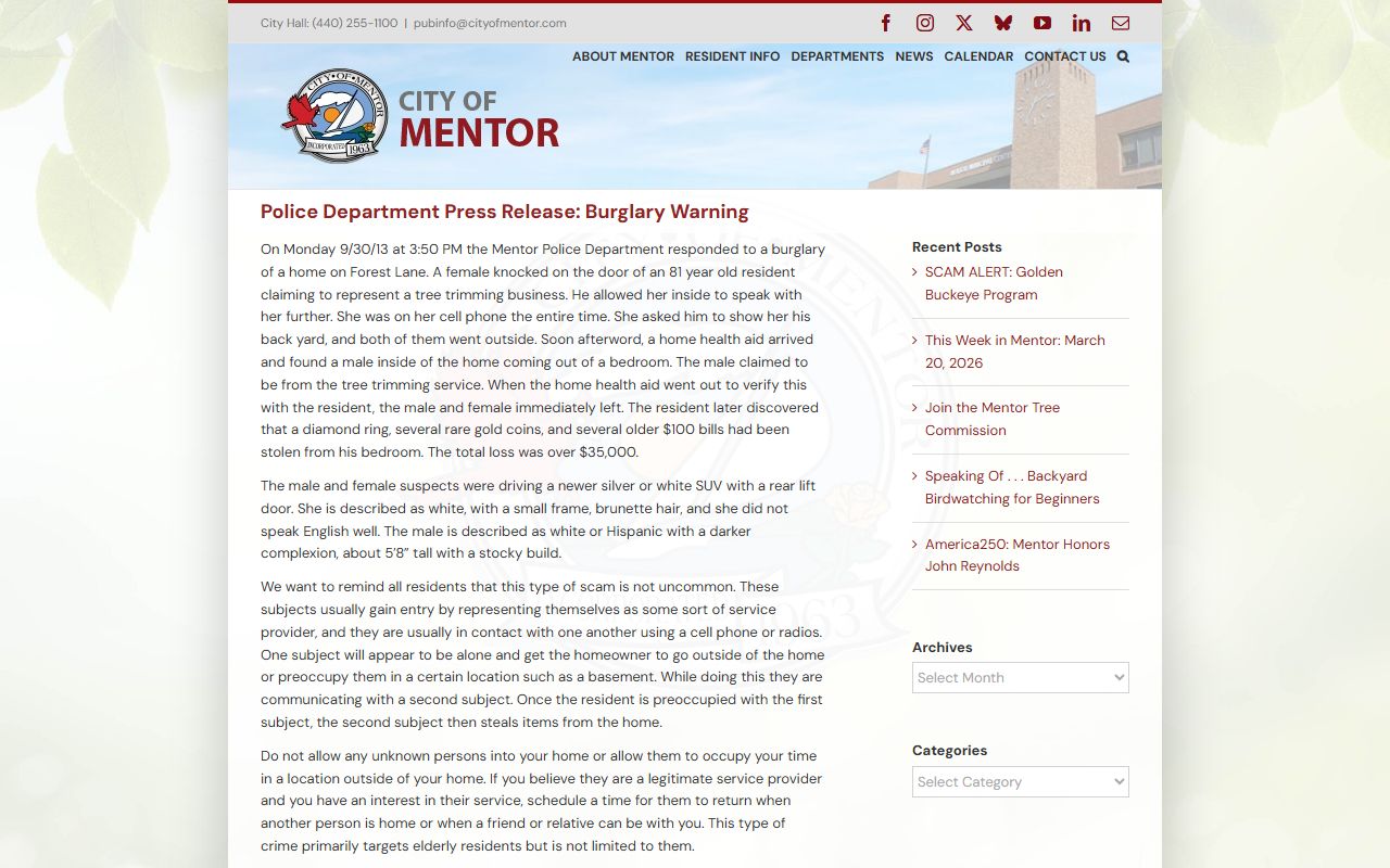 Mentor inmate population police department website