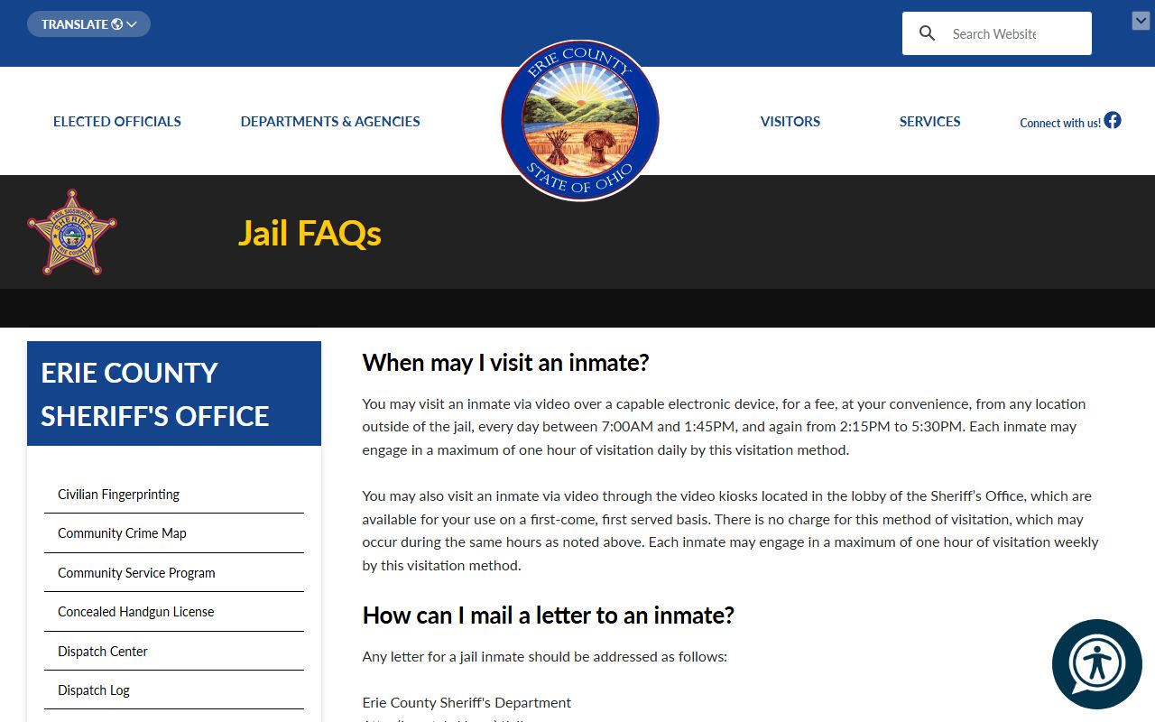 Erie County inmate population jail FAQ page