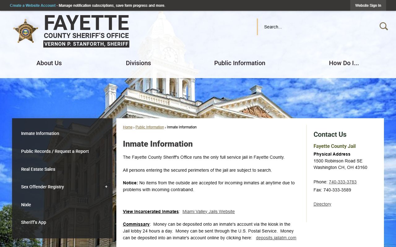 Fayette County inmate population information and visitation page