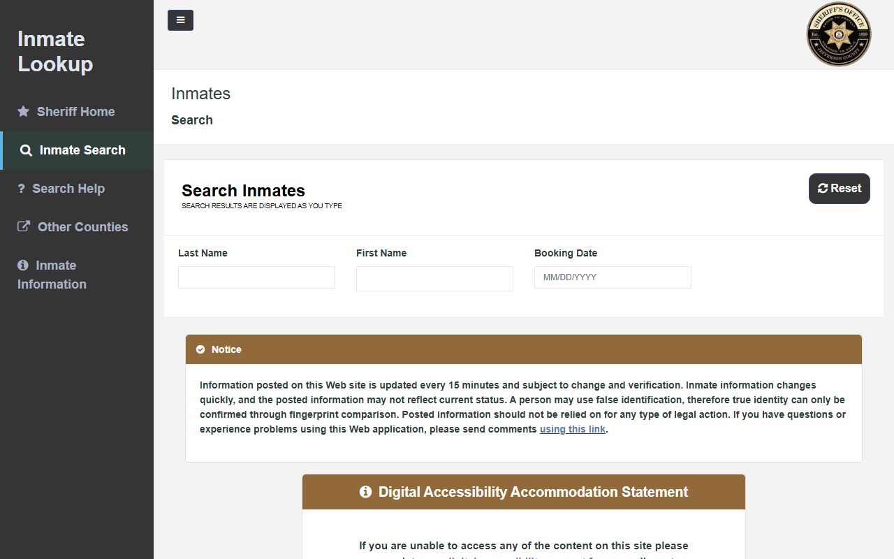 Jefferson County inmate population search portal