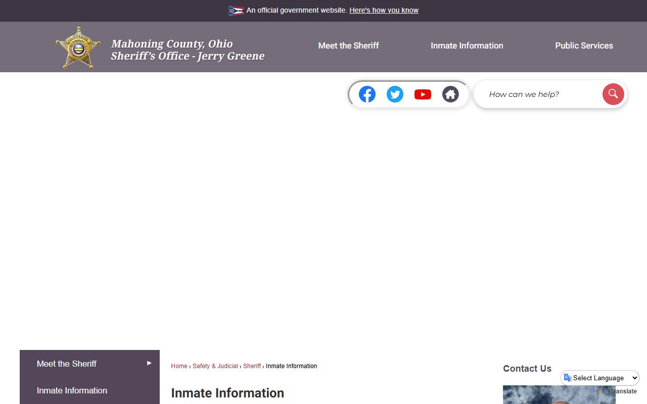 Mahoning County inmate population information page with family resources