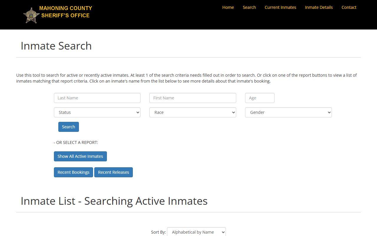 Mahoning County inmate population public inmate information search portal