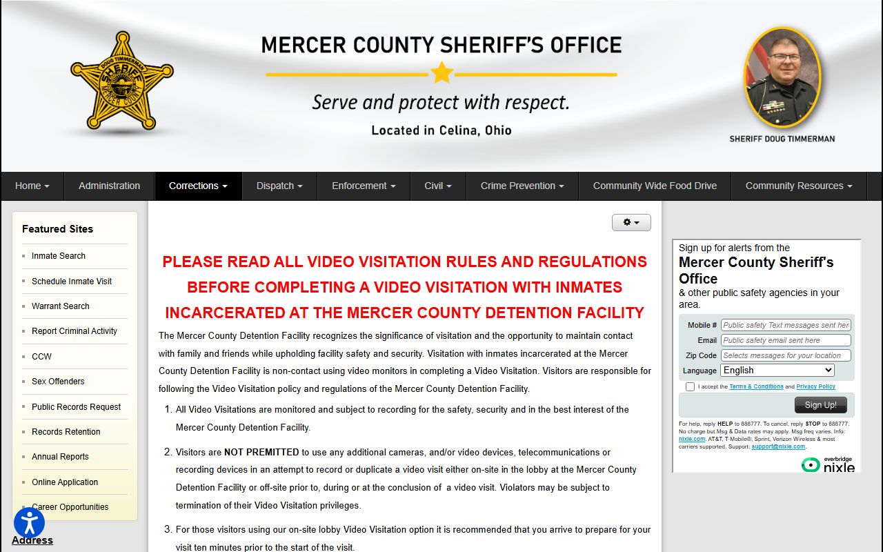 Mercer County inmate population visitation rules page