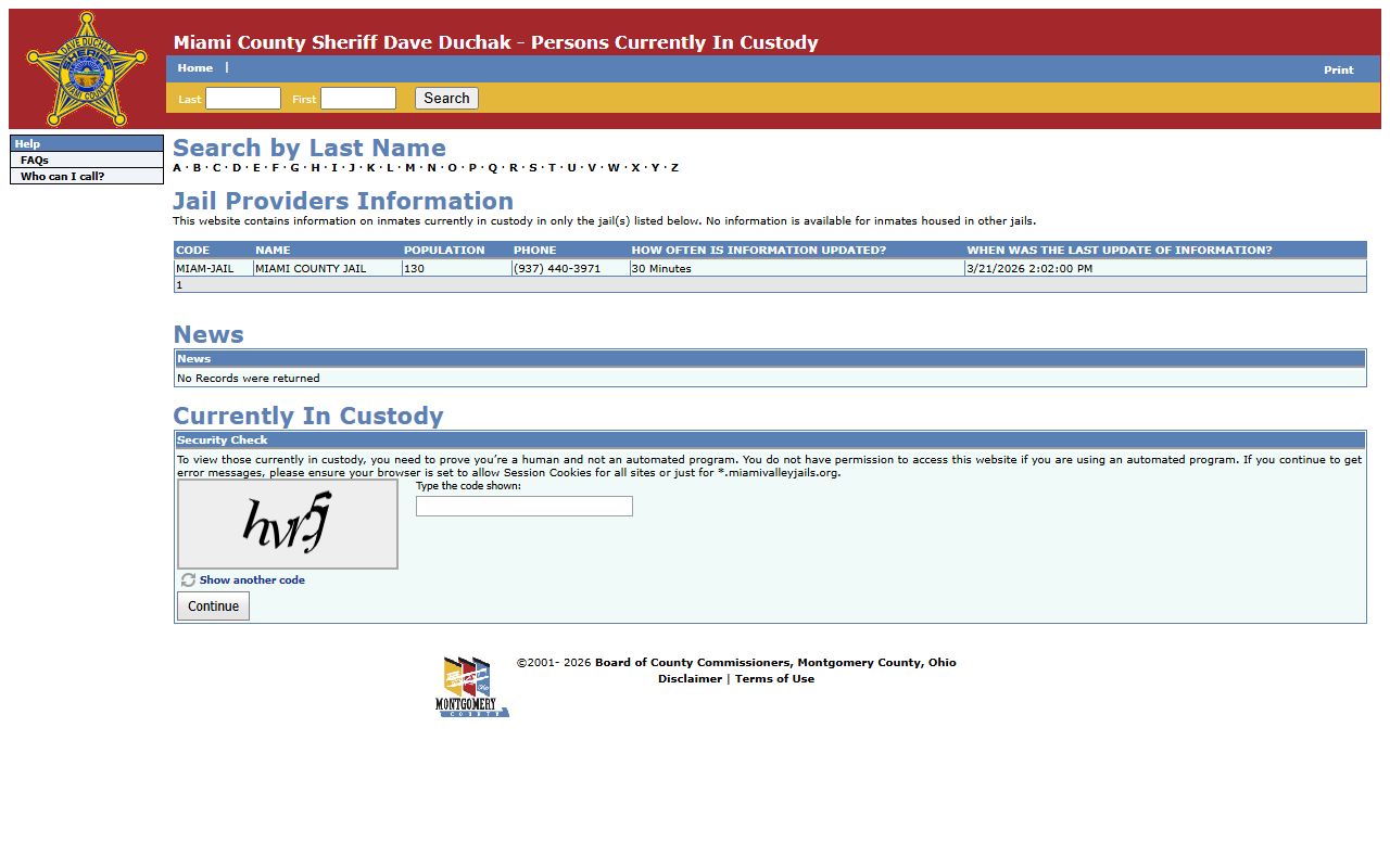 Miami County inmate population in custody search page