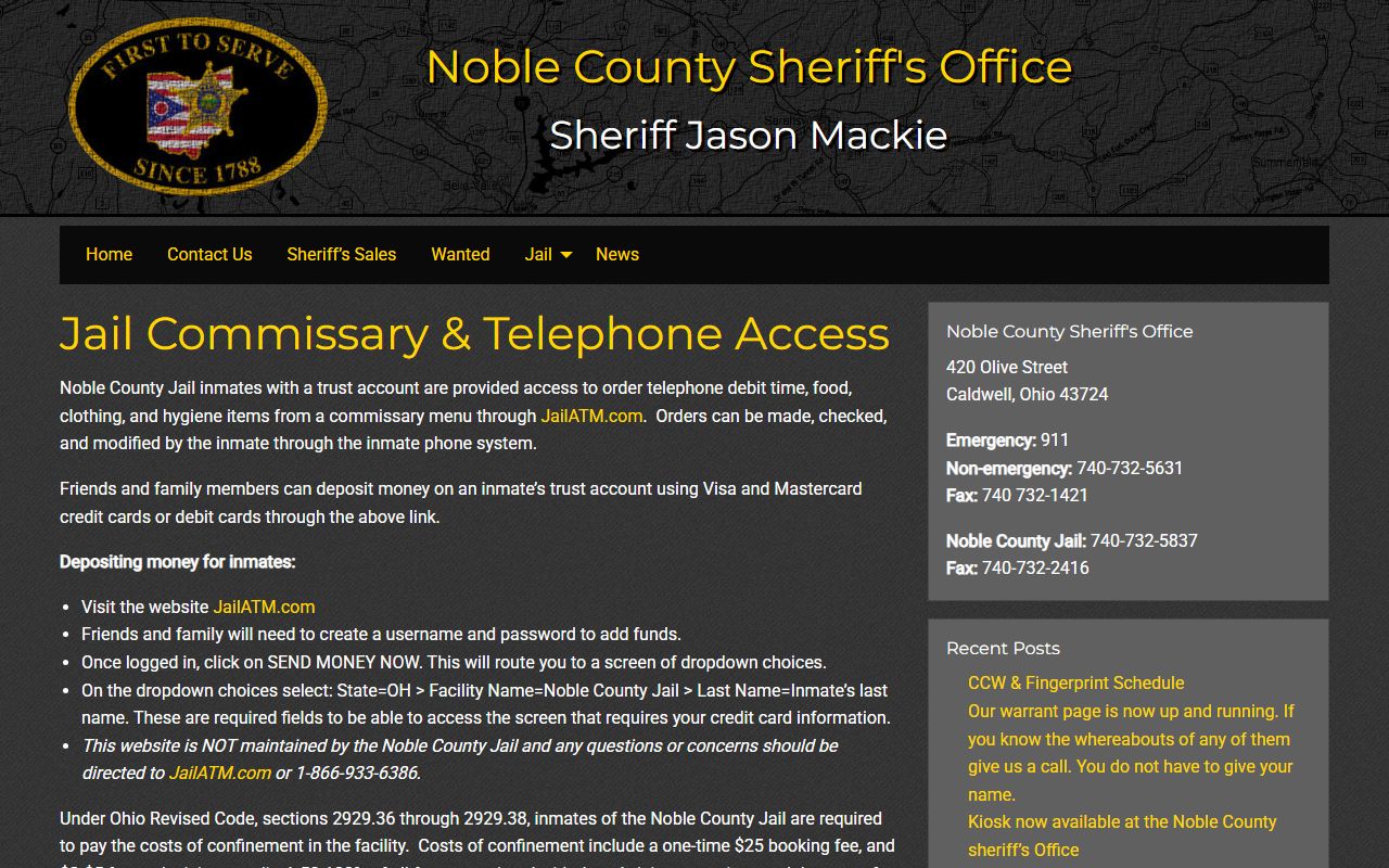 Noble County inmate population jail commissary and telephone access