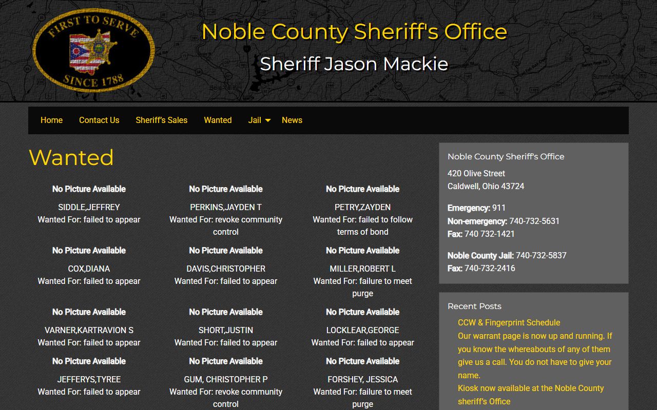 Noble County inmate population wanted list page