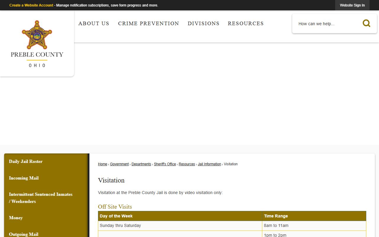 Preble County inmate population visitation information page