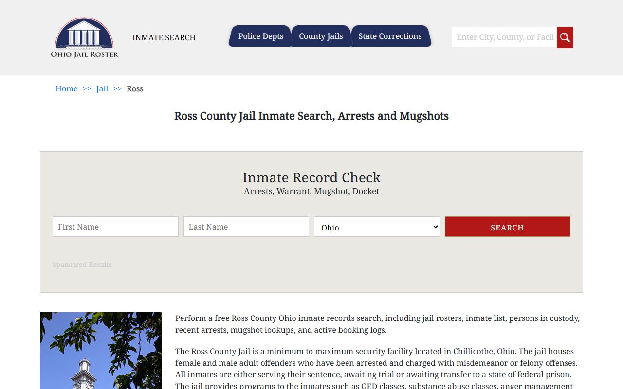 Ross County inmate population jail roster search page