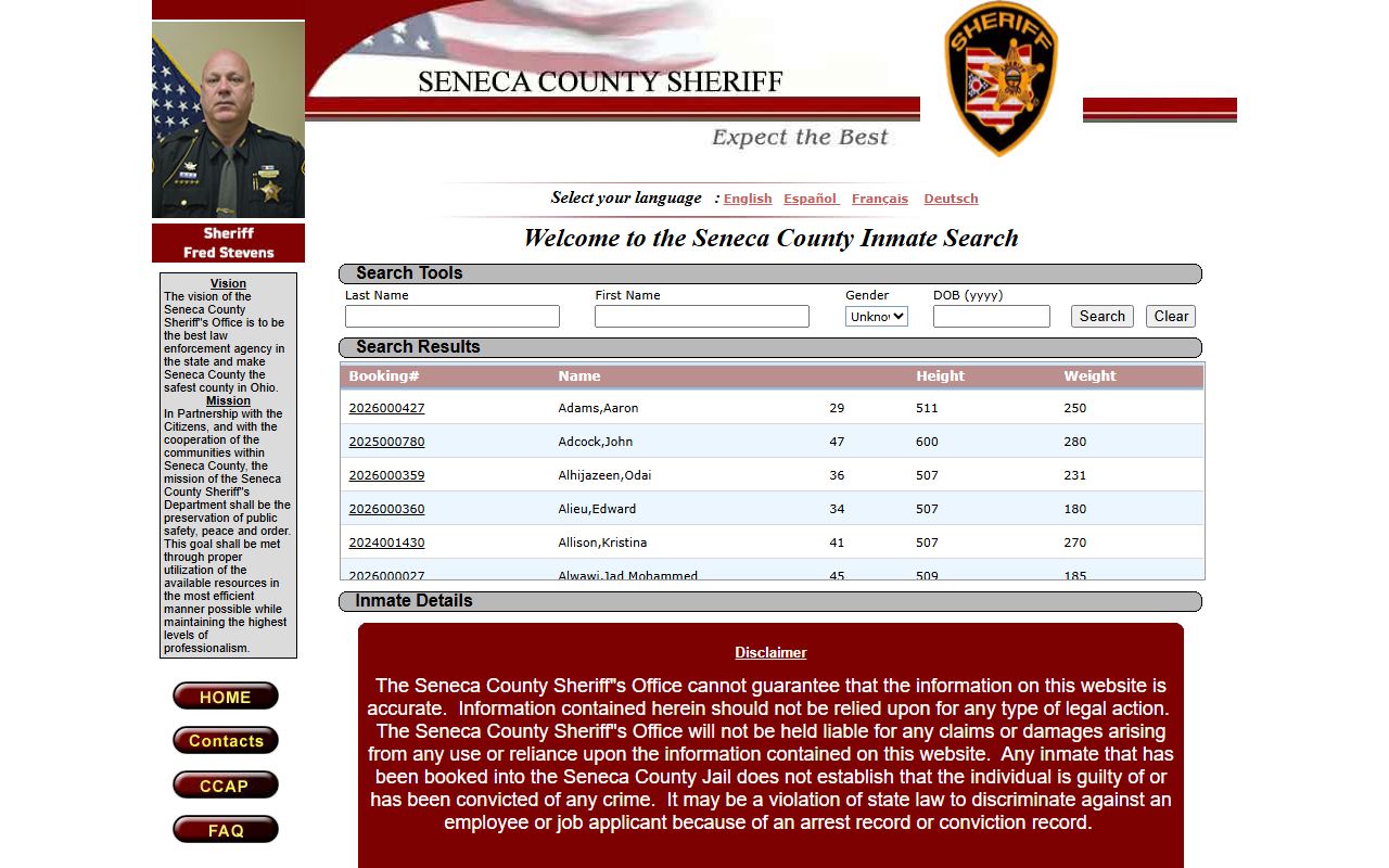Seneca County inmate population locator search tool
