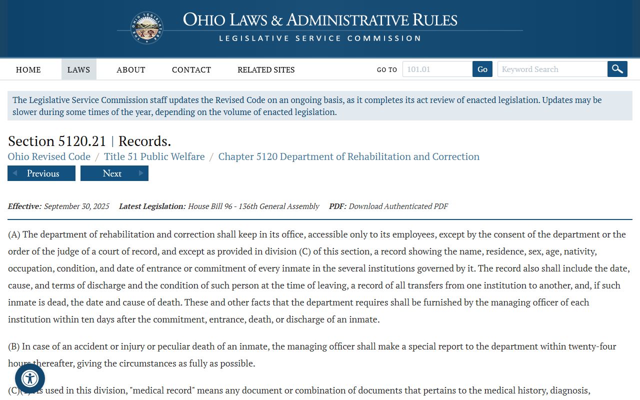 Ohio inmate population ORC Section 5120.21